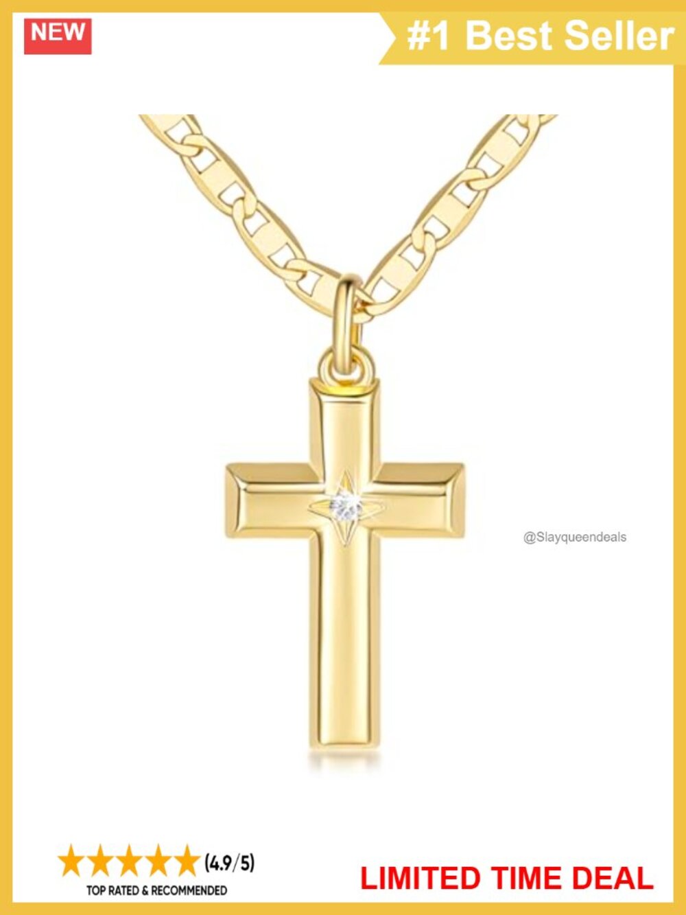 14k Gold Plated CZ Cross Necklace 48cm Mariner Chain Jewelry